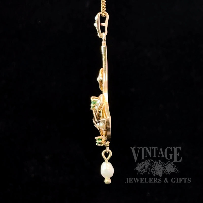 Antique Lavalier Natural Emerald and Pearl 10k gold Pendant left side
