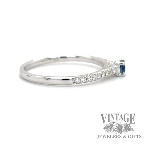 Petite blue sapphire and diamond 14k white gold ring side