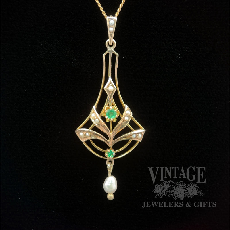 Antique Lavalier Natural Emerald and Pearl 10k gold Pendant