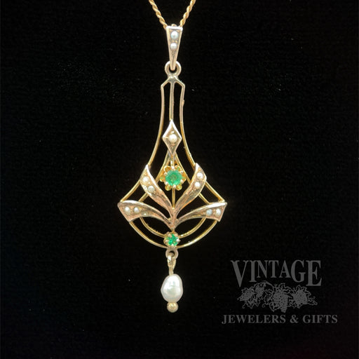 Antique Lavalier Natural Emerald and Pearl 10k gold Pendant