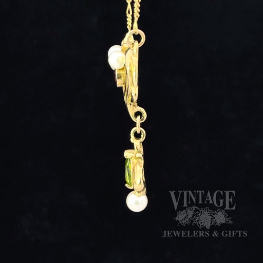 Art Nouveau pink tourmaline, peridot, and pearl Lavalier 18k gold Necklace side