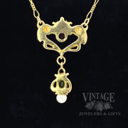 Art Nouveau pink tourmaline, peridot, and pearl Lavalier 18k gold Necklace back