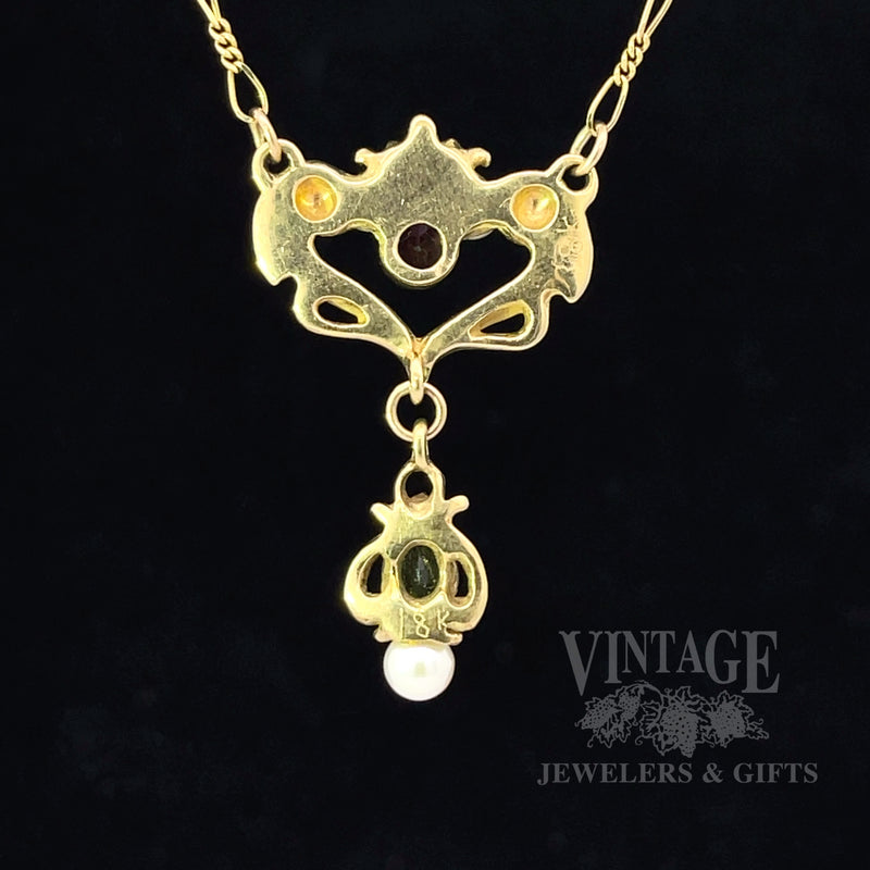 Art Nouveau pink tourmaline, peridot, and pearl Lavalier 18k gold Necklace back