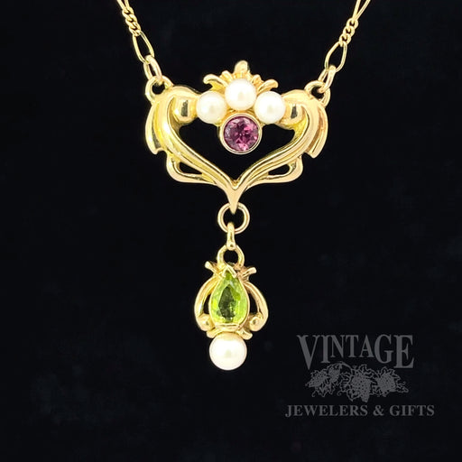 Art Nouveau pink tourmaline, peridot, and pearl Lavalier 18k gold Necklace