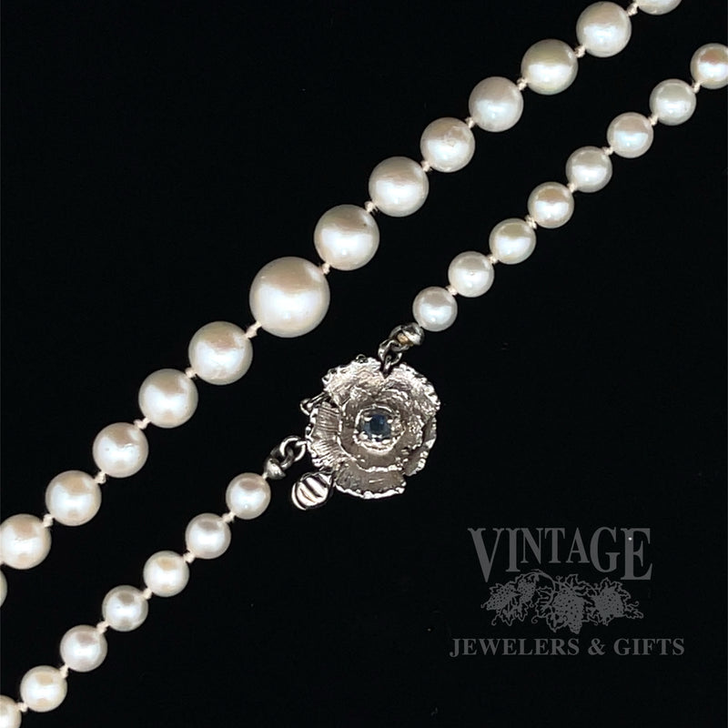 16" Graduated Pearl Necklace With Blue Sapphire Accented Rose Clasp