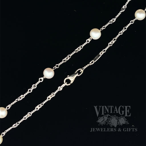 18" Hand Fabricated Twisted Station Link Pearl 14k White Gold Necklace  Clasp Detail