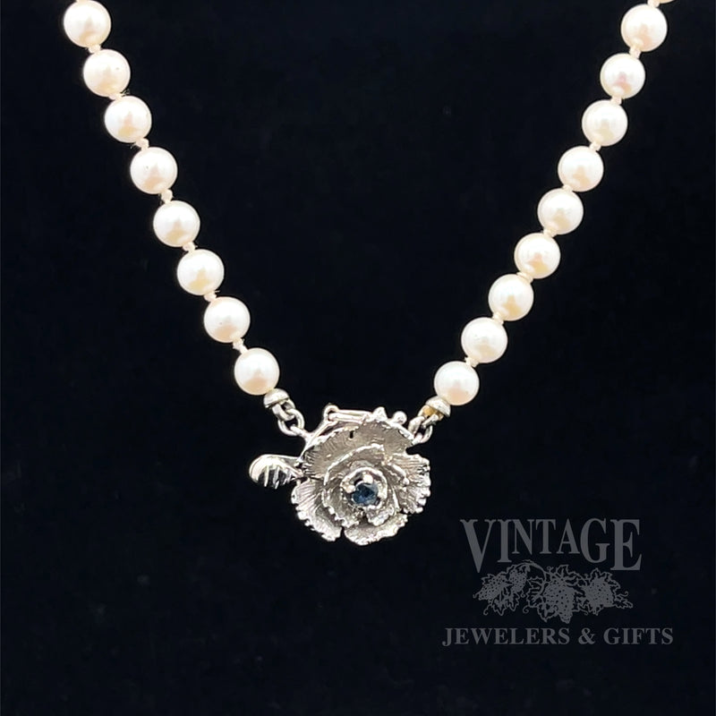 16" Graduated Pearl Necklace With Blue Sapphire Accented Rose Clasp