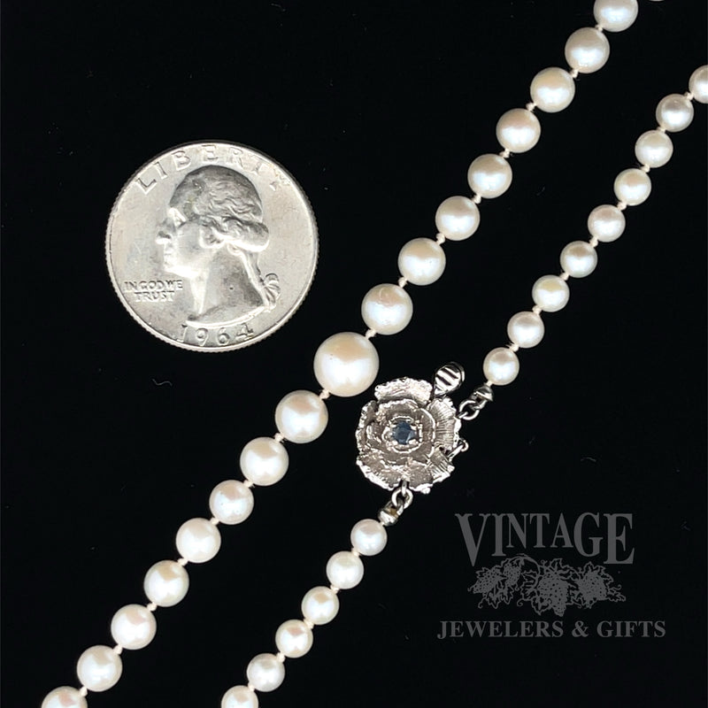 16" Graduated Pearl Necklace With Blue Sapphire Accented Rose Clasp Scale View