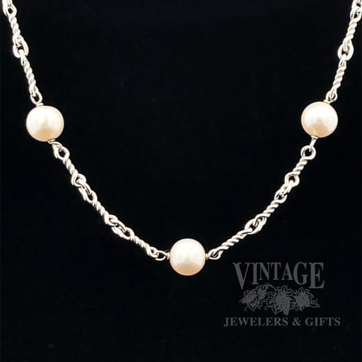 18" Hand Fabricated Twisted Station Link Pearl 14k White Gold Necklace Front View