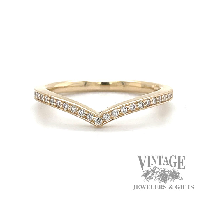 Front 14k yellow gold chevron ring with diamonds