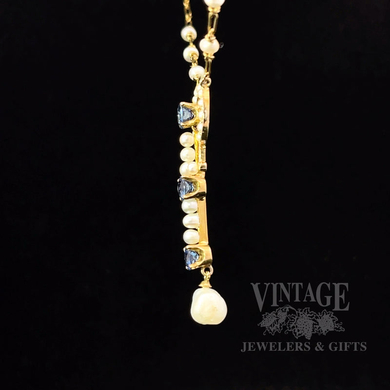 Antique Sapphire and Pearl 15k Gold Lavalier Necklace Side View