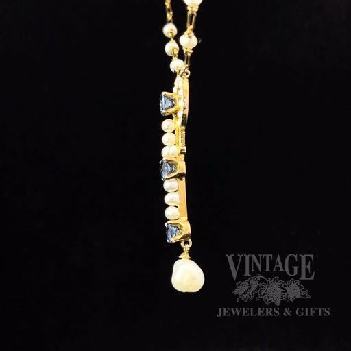 Antique Sapphire and Pearl 15k Gold Lavalier Necklace Side View
