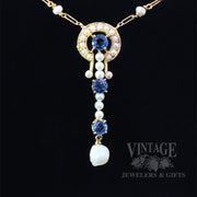 Antique Sapphire and Pearl 15k Gold Lavalier Necklace Front View