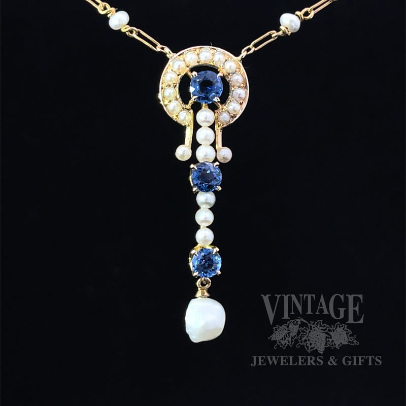Antique Sapphire and Pearl 15k Gold Lavalier Necklace Front View
