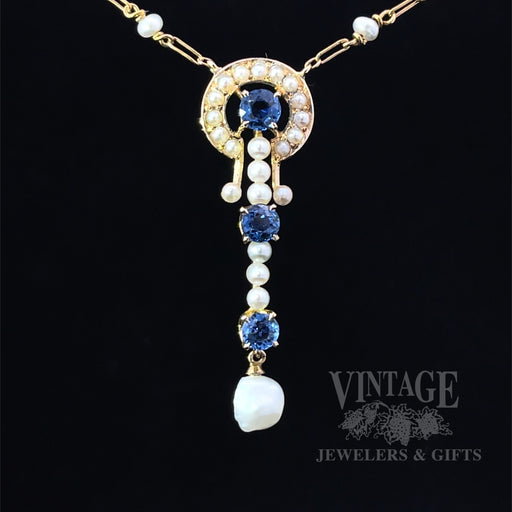 Antique Sapphire and Pearl 15k Gold Lavalier Necklace Front View