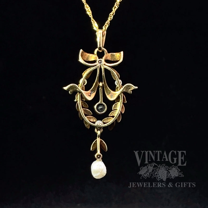 Antique Sapphire, Pearl and Diamond 14k Gold Lavalier Pendant