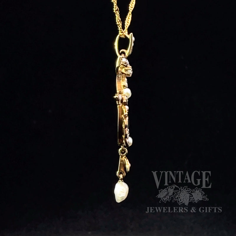 Antique Sapphire, Pearl and Diamond 14k Gold Lavalier Pendant