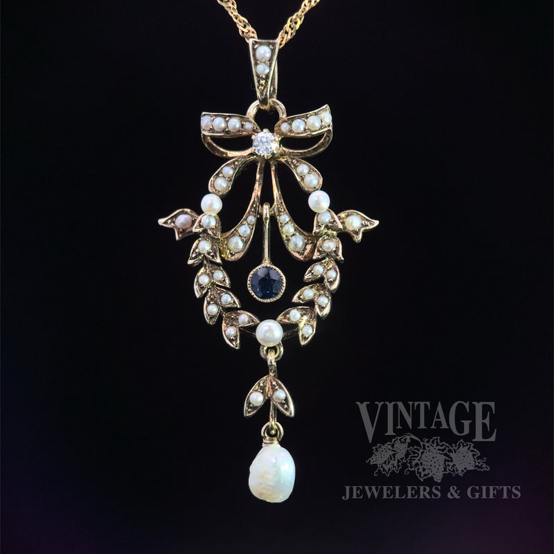 Antique Sapphire, Pearl and Diamond 14k Gold Lavalier Pendant