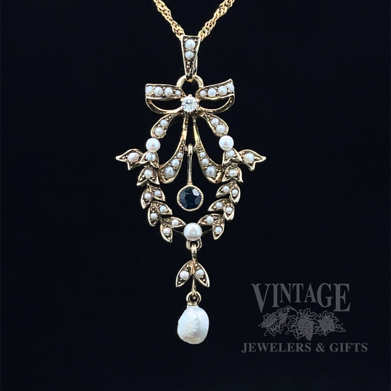 Antique Sapphire, Pearl and Diamond 14k Gold Lavalier Pendant