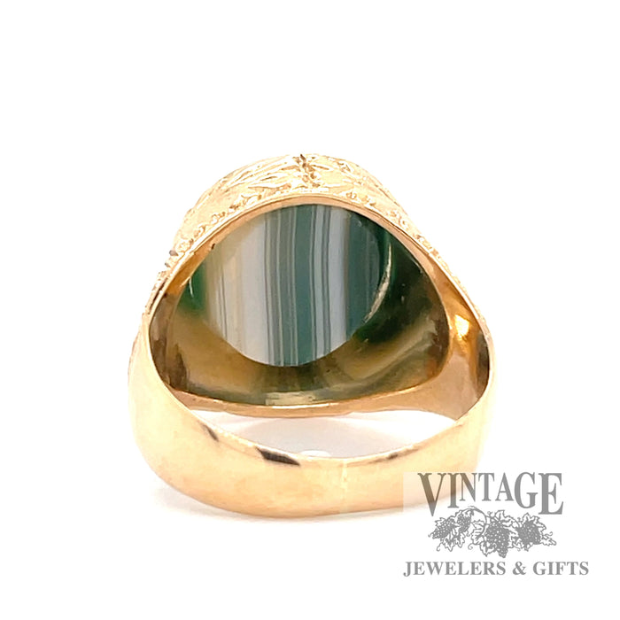 etched leaf design 14k yellow gold ring with agate bottom