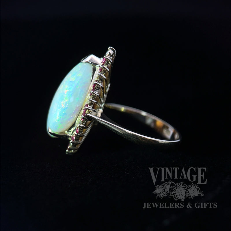 Opal with Ruby and Diamond Halo 14k Gold Ring Side View