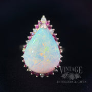 Opal with Ruby and Diamond Halo 14k Gold Ring Front View
