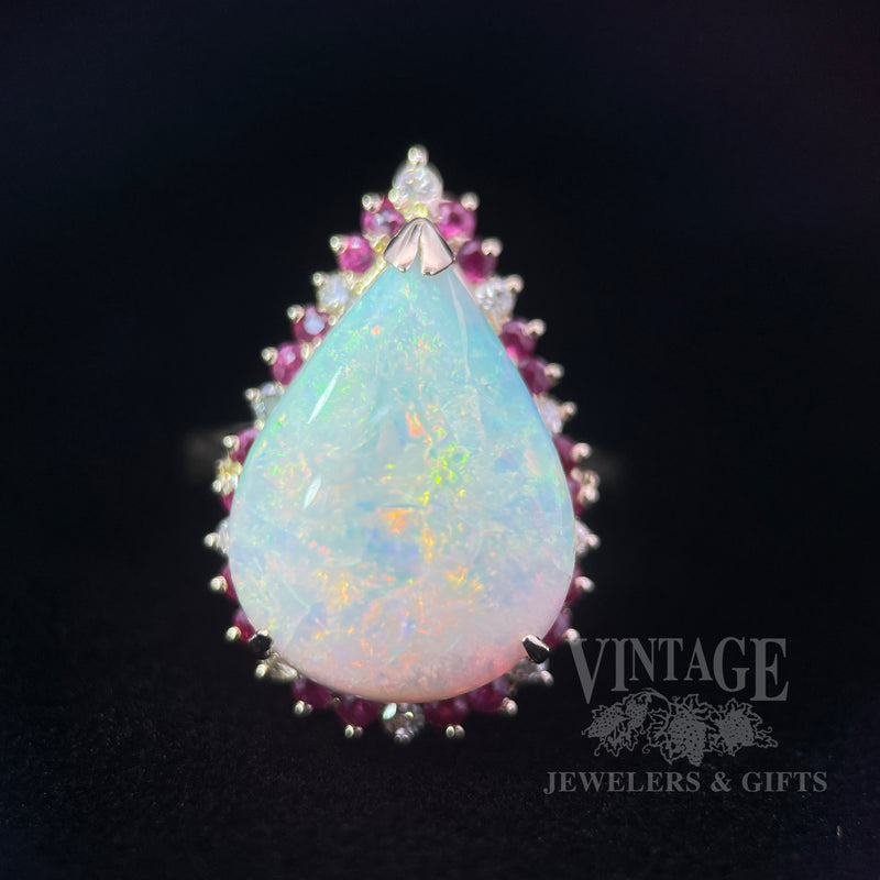 Opal with Ruby and Diamond Halo 14k Gold Ring Front View