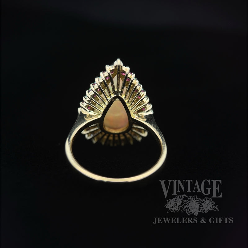 Opal with Ruby and Diamond Halo 14k Gold Ring Back View