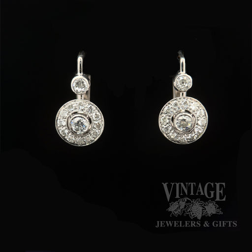 Vintage Bezeled Diamond 18k White Gold Huggie Earrings Front View