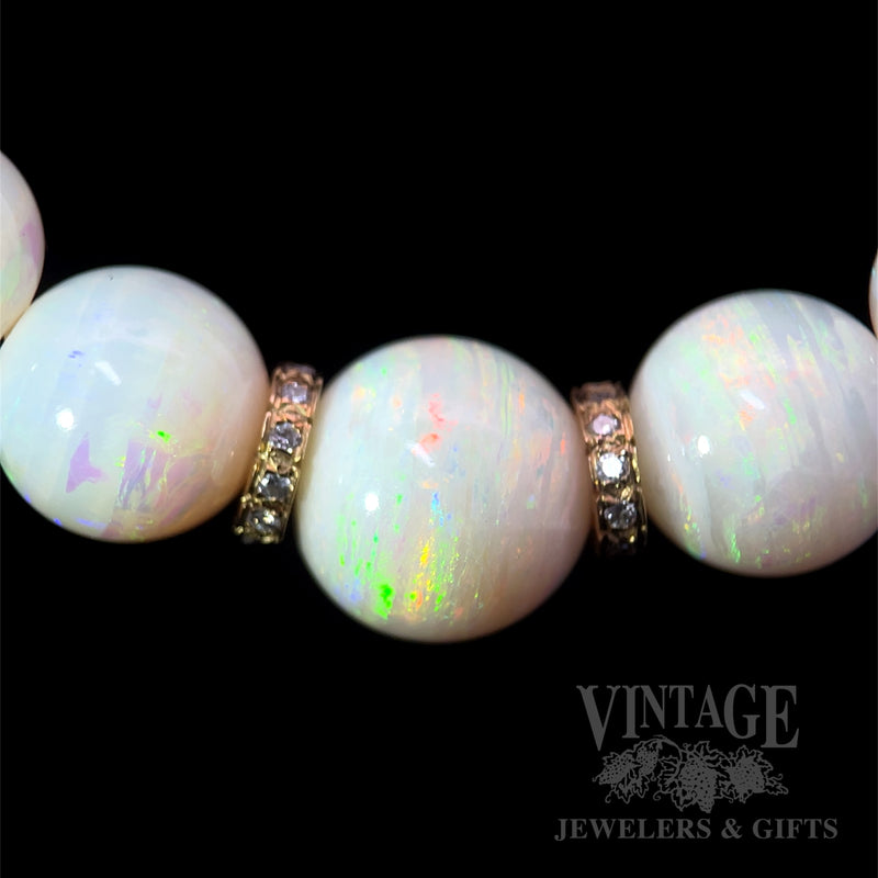 21.5" Antique Australian Opal Bead Necklace with 14K Gold Diamond Accented Rondels
