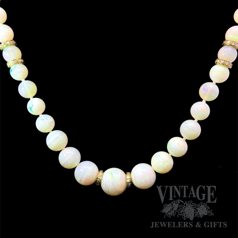 21.5" Antique Australian Opal Bead Necklace with 14K Gold Diamond Accented Rondels