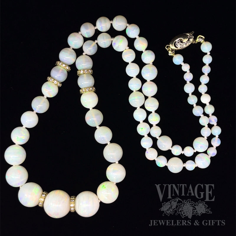 21.5" Antique Australian Opal Bead Necklace with 14K Gold Diamond Accented Rondels