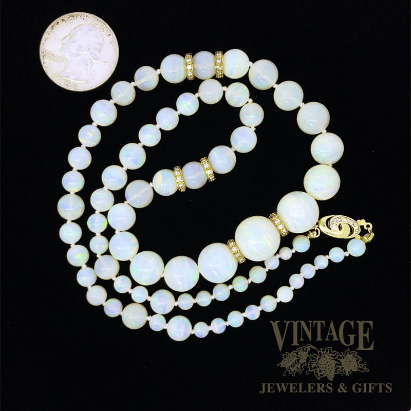 21.5" Antique Australian Opal Bead Necklace with 14K Gold Diamond Accented Rondels