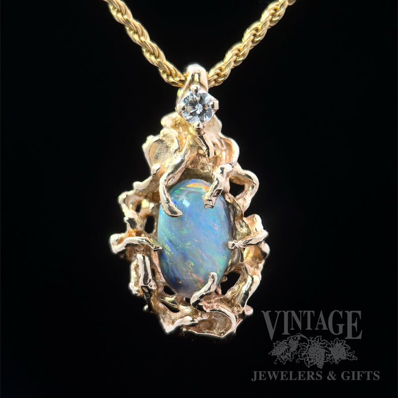 Freeform Black Opal Diamond Accented 14k Gold Pendant Front View
