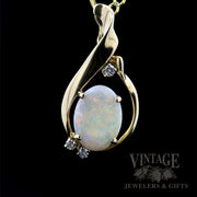 Oval Opal and Diamond Accented 10K Gold Pendant Front View