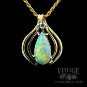 Teardrop Blue Opal and Diamond Accented 14k Gold Pendant Front View