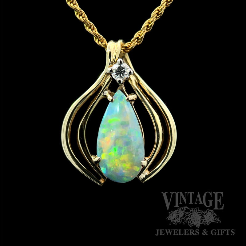 Teardrop Blue Opal and Diamond Accented 14k Gold Pendant Front View