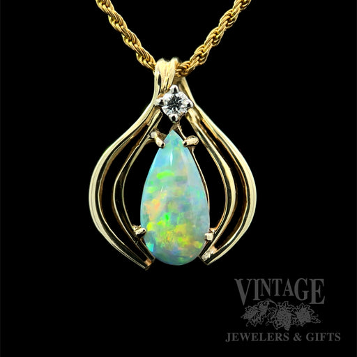 Teardrop Blue Opal and Diamond Accented 14k Gold Pendant Front View