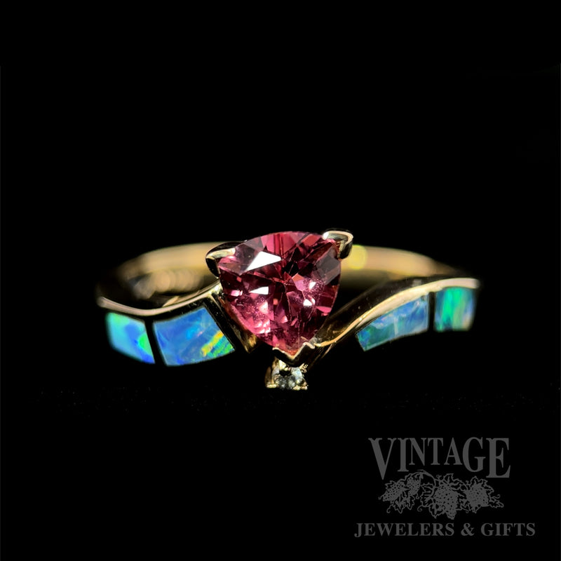 Bypass Pink Tourmaline and Opal Inlay 14k Gold Ring Front View (Black Background)