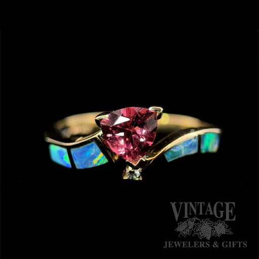 Bypass Pink Tourmaline and Opal Inlay 14k Gold Ring Front View (Black Background)