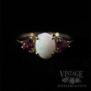 Three-Stone Opal and Pink Tourmaline 14K Yellow Gold Ring Front View