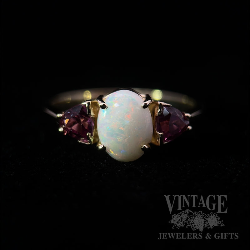 Three-Stone Opal and Pink Tourmaline 14K Yellow Gold Ring Front View