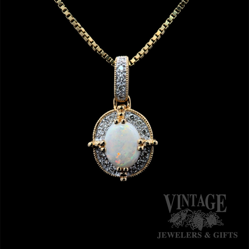 Milgrain Halo Opal and Diamond 14K Gold Pendant Front View