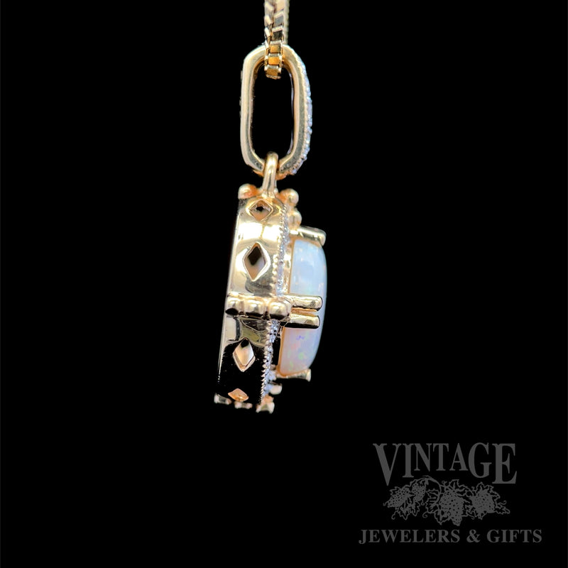Milgrain Halo Opal and Diamond 14K Gold Pendant Side View