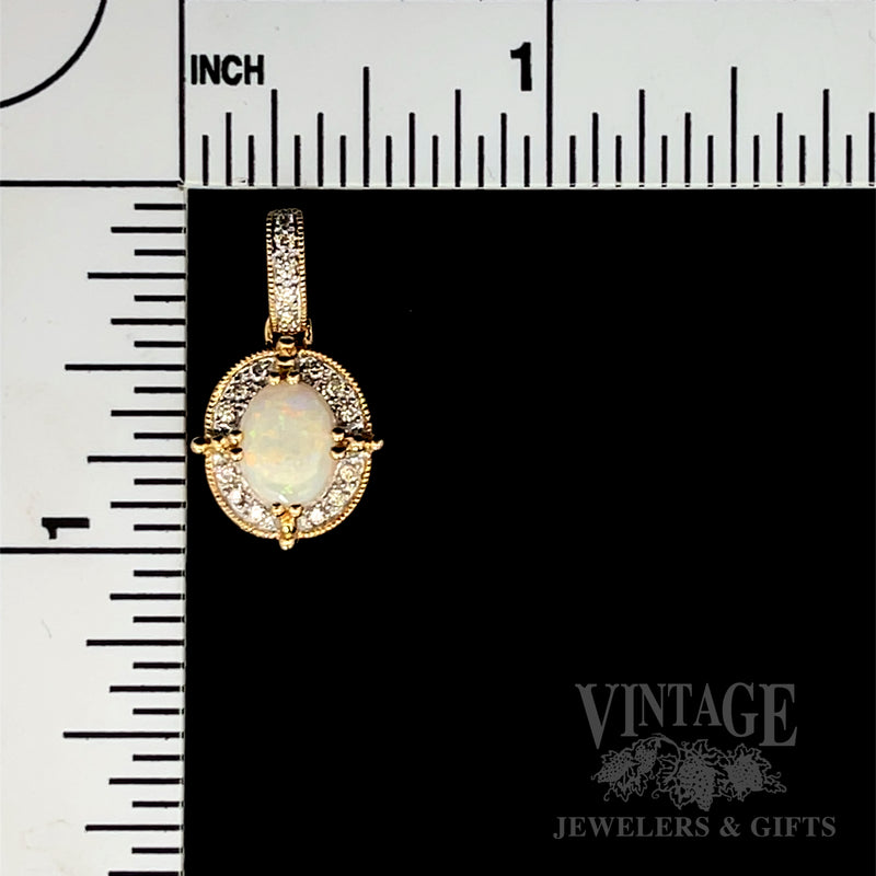 Milgrain Halo Opal and Diamond 14K Gold Pendant Scale View