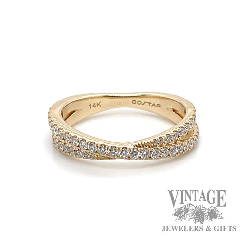 14k yellow gold ring of crossing bands of diamonds