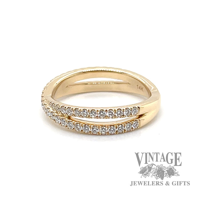 14k yellow gold ring of crossing bands of diamonds side 1