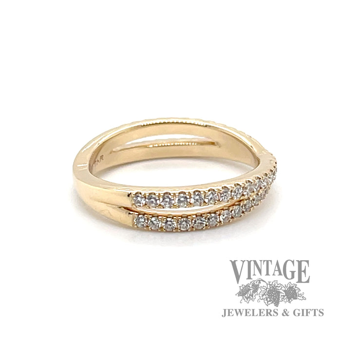 14k yellow gold ring of crossing bands of diamonds side 2