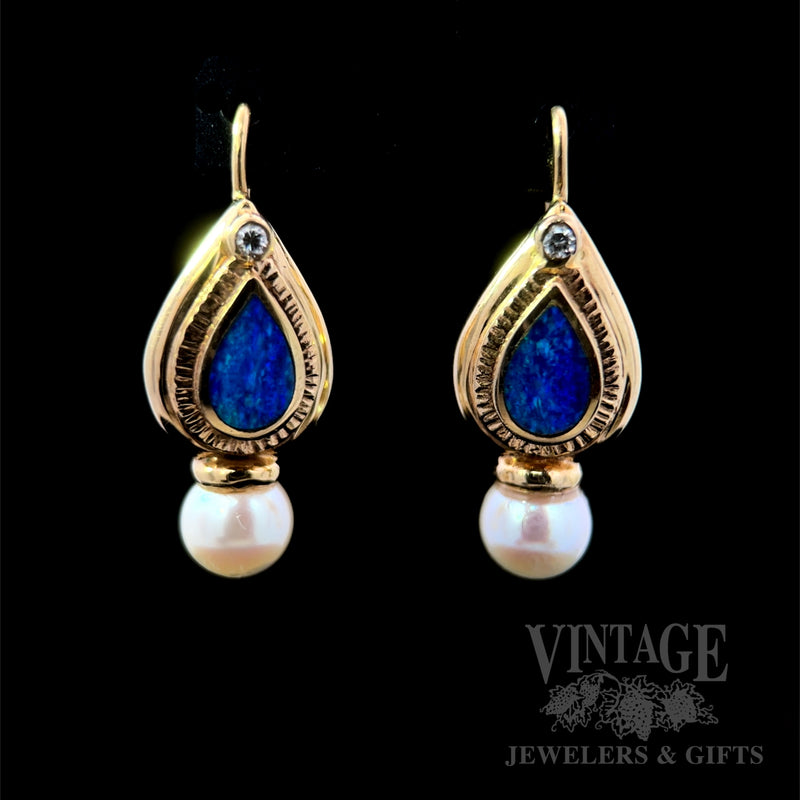 Opal, Akoya Pearl and Diamond 15K Gold Earrings Front View