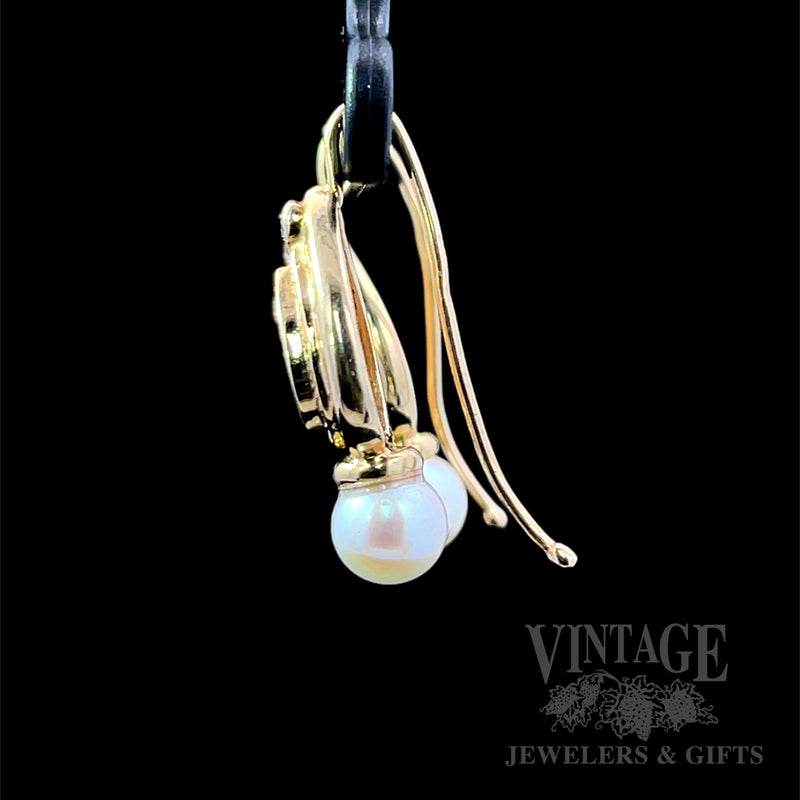 Opal, Akoya Pearl and Diamond 15K Gold Earrings Side View